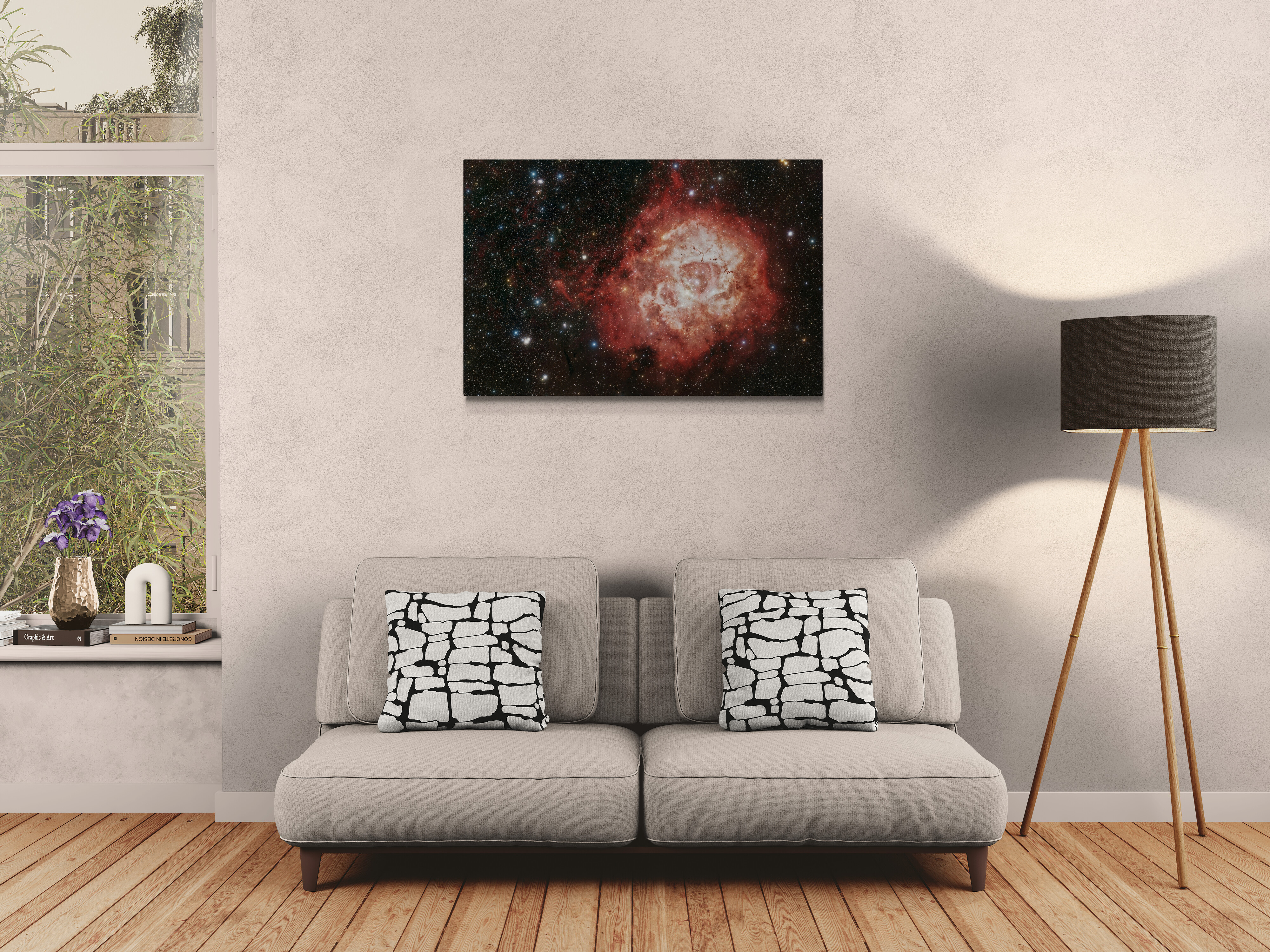 Tirage astrophotographique accroché dans un salon contemporain