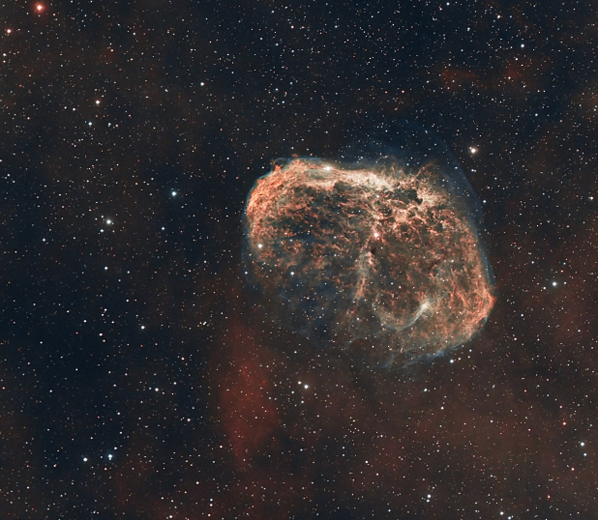 NGC 6888, le Croissant : une coquille de gaz ciselée, soufflée par une étoile Wolf-Rayet en fin de vie tapie en son centre.
