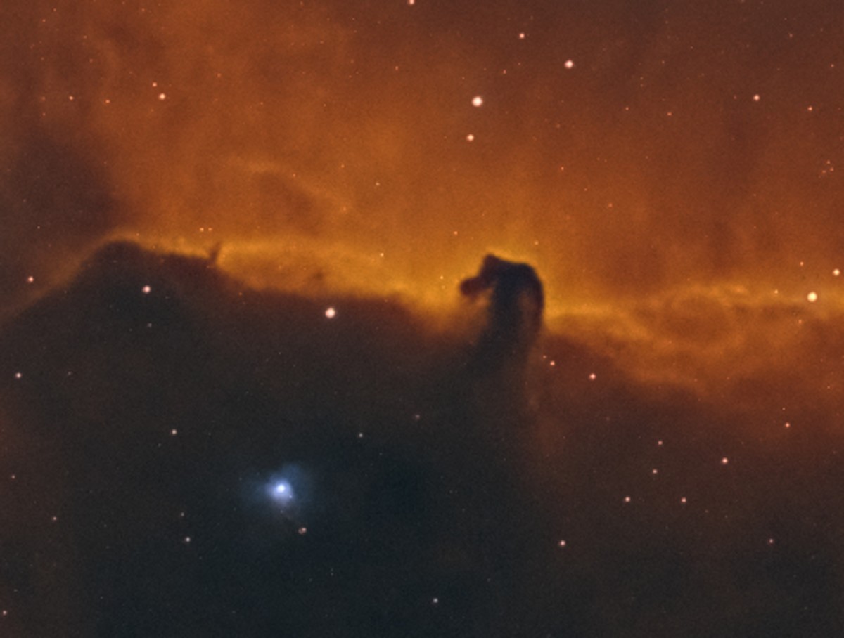 La Tête de Cheval (Barnard 33) : un pilier de poussière sombre dont le profil se découpe sur le rouge d'IC 434.